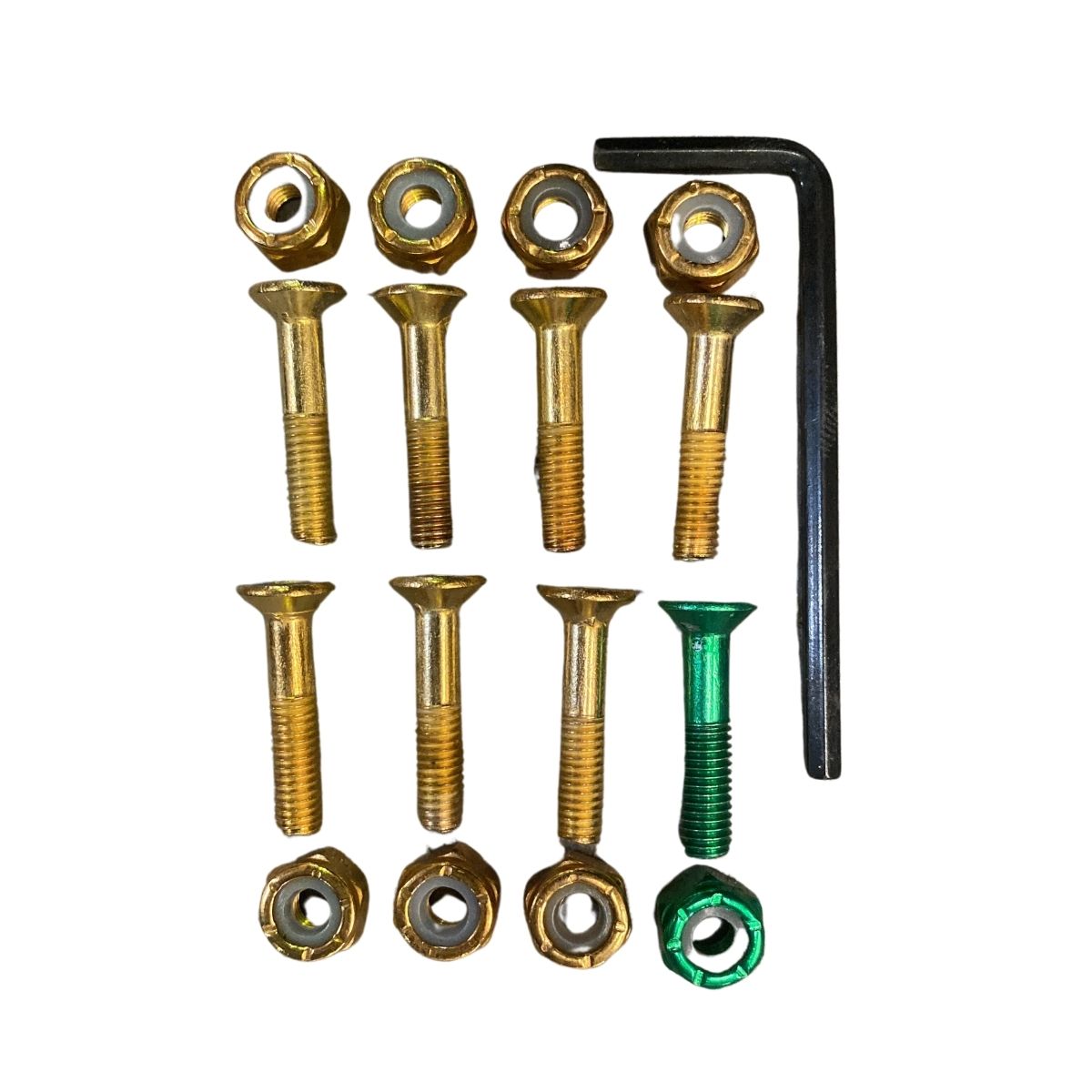124 PARAFUSOS DE BASE COM MARCAÇÃO E CHAVE ALLEN - DOURADO COM VERDE